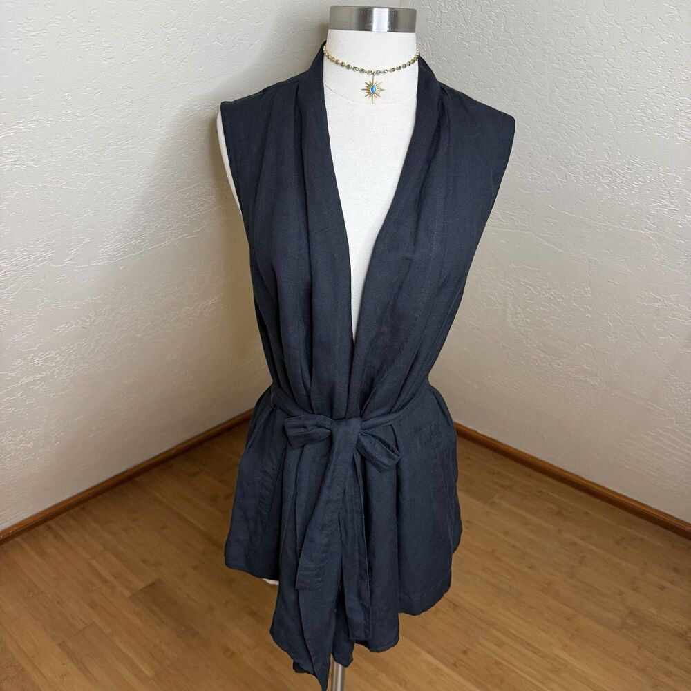Who What Wear Black Linen Blend Belted Tie Duster Vest Sleeveless Womens M